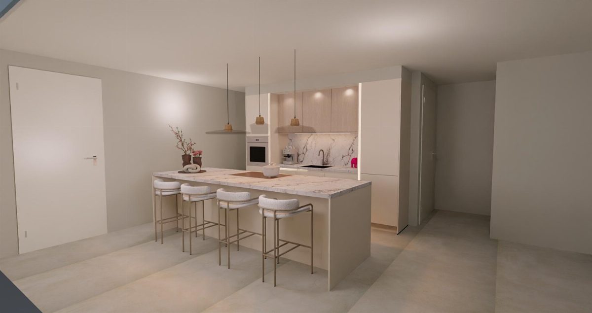 Keuken in licht eiken en creme met kookeiland, schuin aanzicht